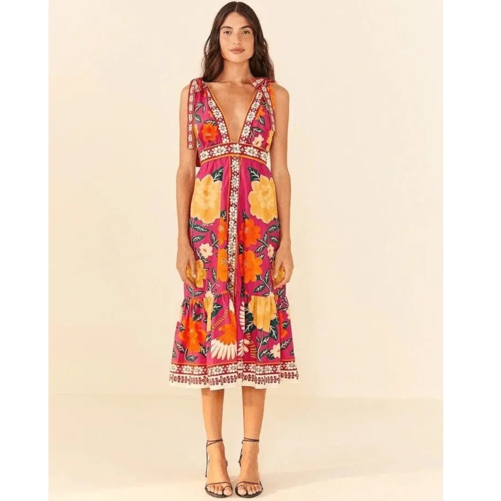 NWT_Farm Rio Multicolored Flower Tapestry Midi V-Neck Dress Cotton Size xs